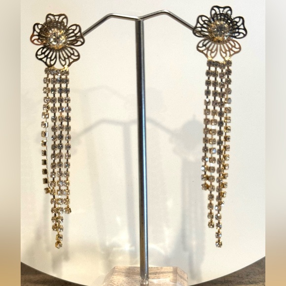 Saks Fifth Avenue Gold Tone Filigree Flower With Crystals Dangling Post Earrings - Picture 2 of 5